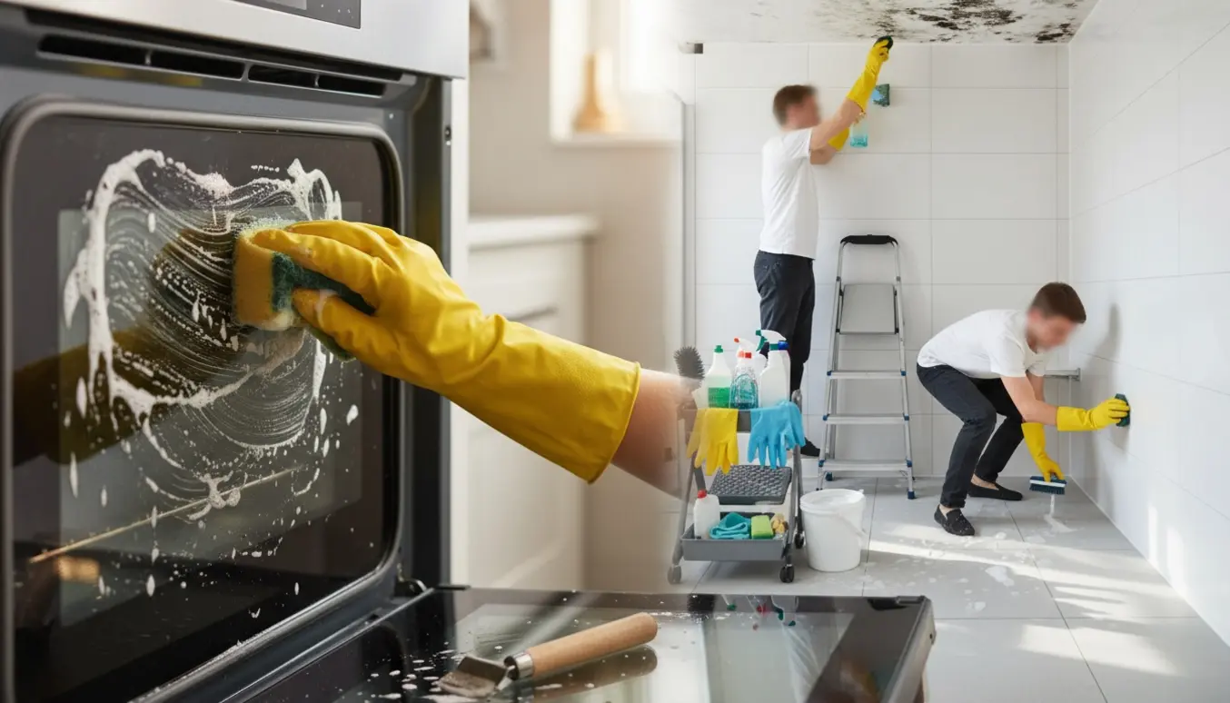 En handskeklædt hånd rengør ovnens glas i forgrunden, mens skimmelsvamp fjernes fra badeværelsesloftet i baggrunden.