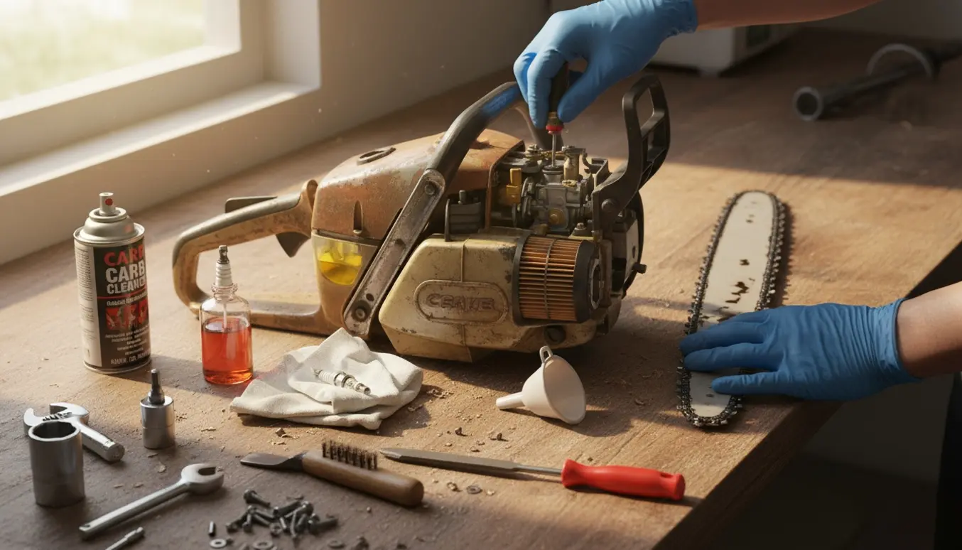Hænder reparerer en ældre benzindrevet kædesav på et lyst værkstedsbord med værktøj og brændstof.