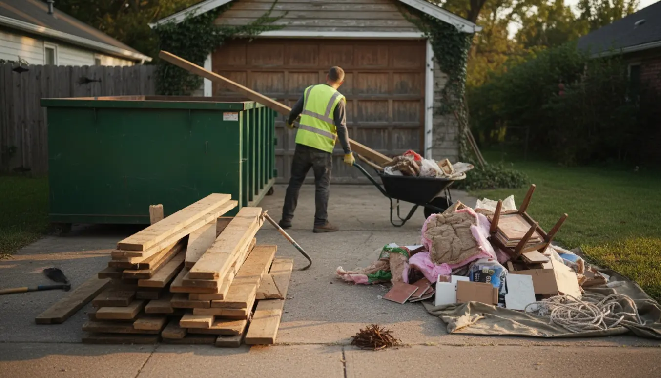 Arbejder set bagfra læsser træ og sorteret affald i en container ved husrydning.