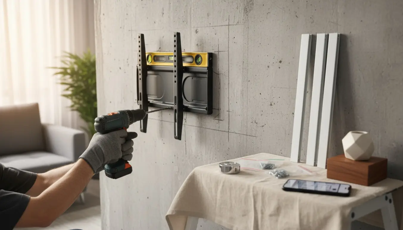 Værktøj og montørhænder monterer et TV og tre gardinskinner på en betonvæg.