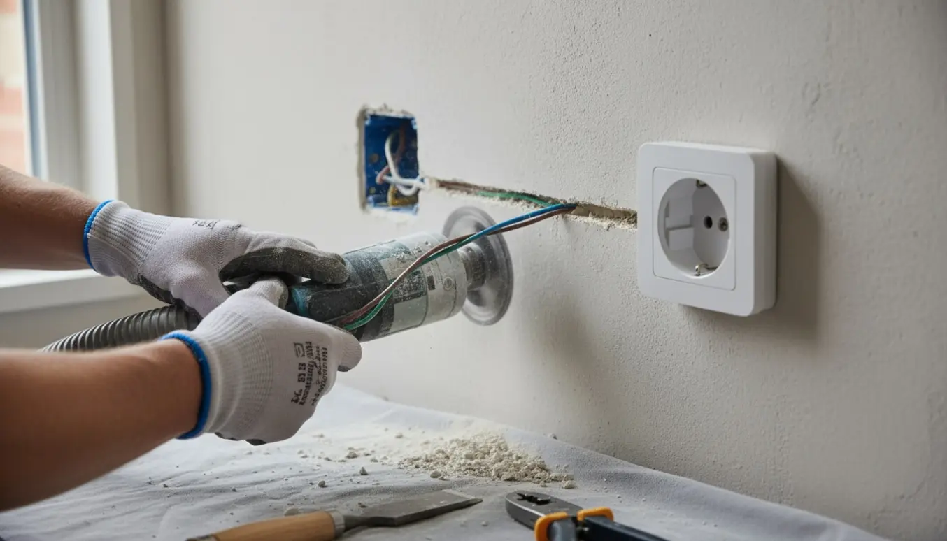 Hænder fræser kabelkanal i væg og fører ledning til ny overflademonteret stikkontakt ved siden af en indmuret stikkontakt.