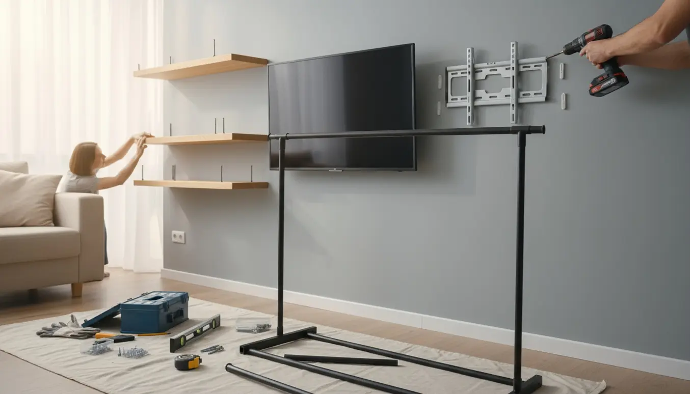 Hænder monterer et TV og flydende hylder ved en væg, mens et tøjstativ er delvist samlet i forgrunden.