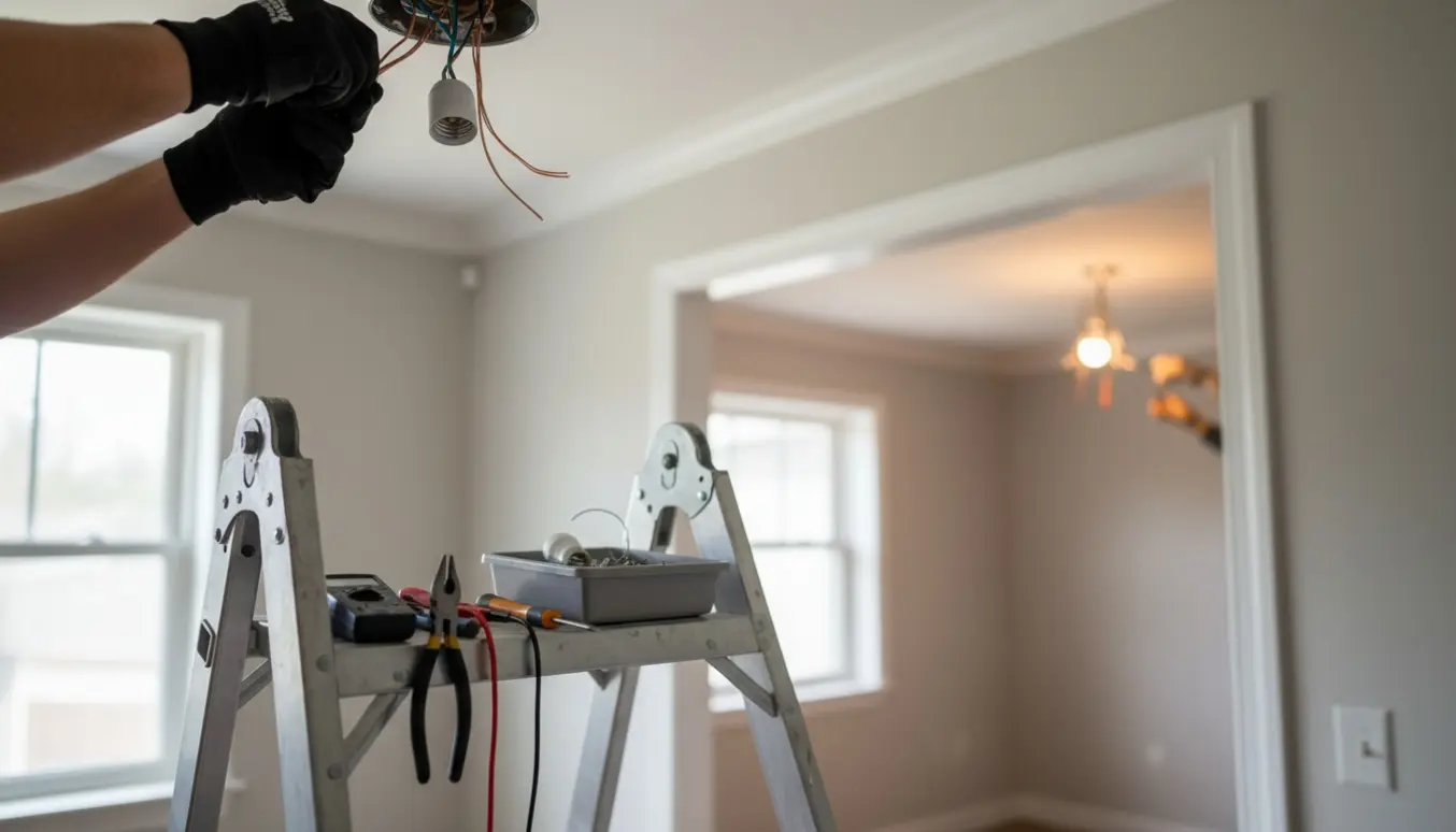 Elektriker med handsker reparerer loftslys og ledninger i to sammenhængende rum med værktøj i forgrunden.