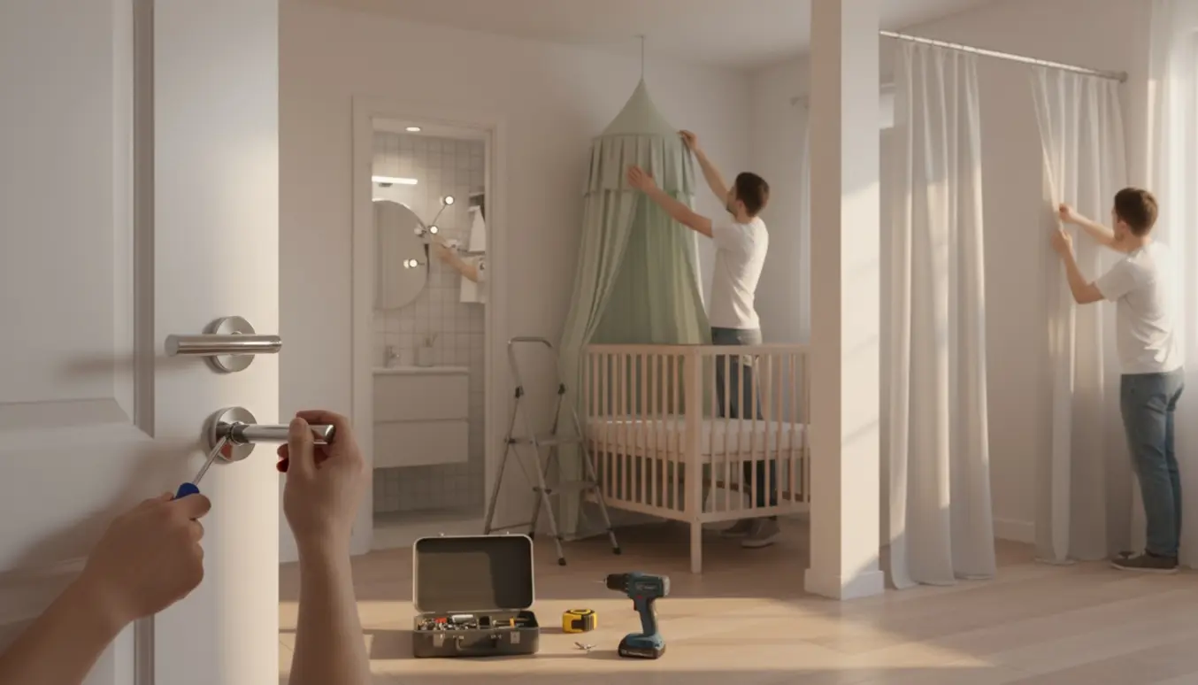 Hænder spænder et dørhåndtag, monterer en sengehimmel og hænger et forhæng op, mens LED-lys skiftes i et lyst hjem.