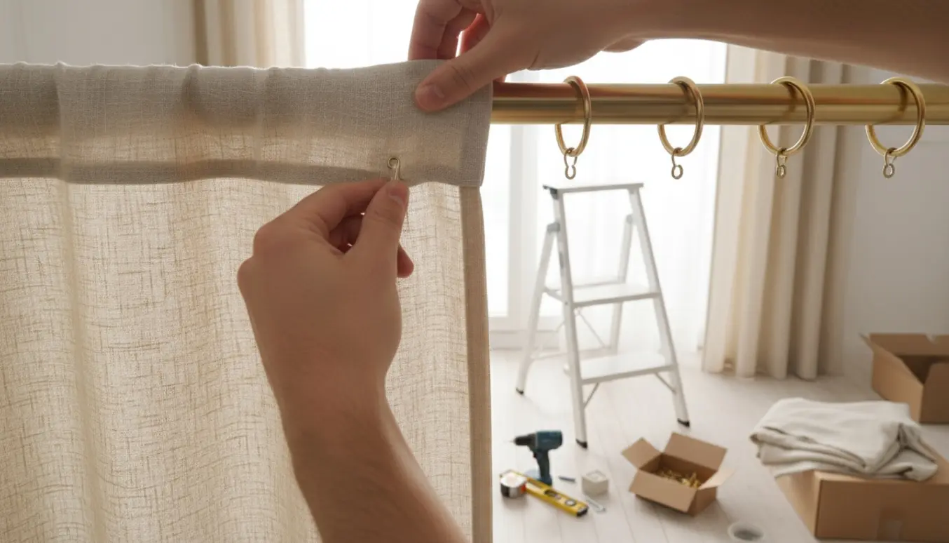 Hænder monterer gardinkroge på en lys gardin ved et vindue med værktøj og trinladder i rummet.