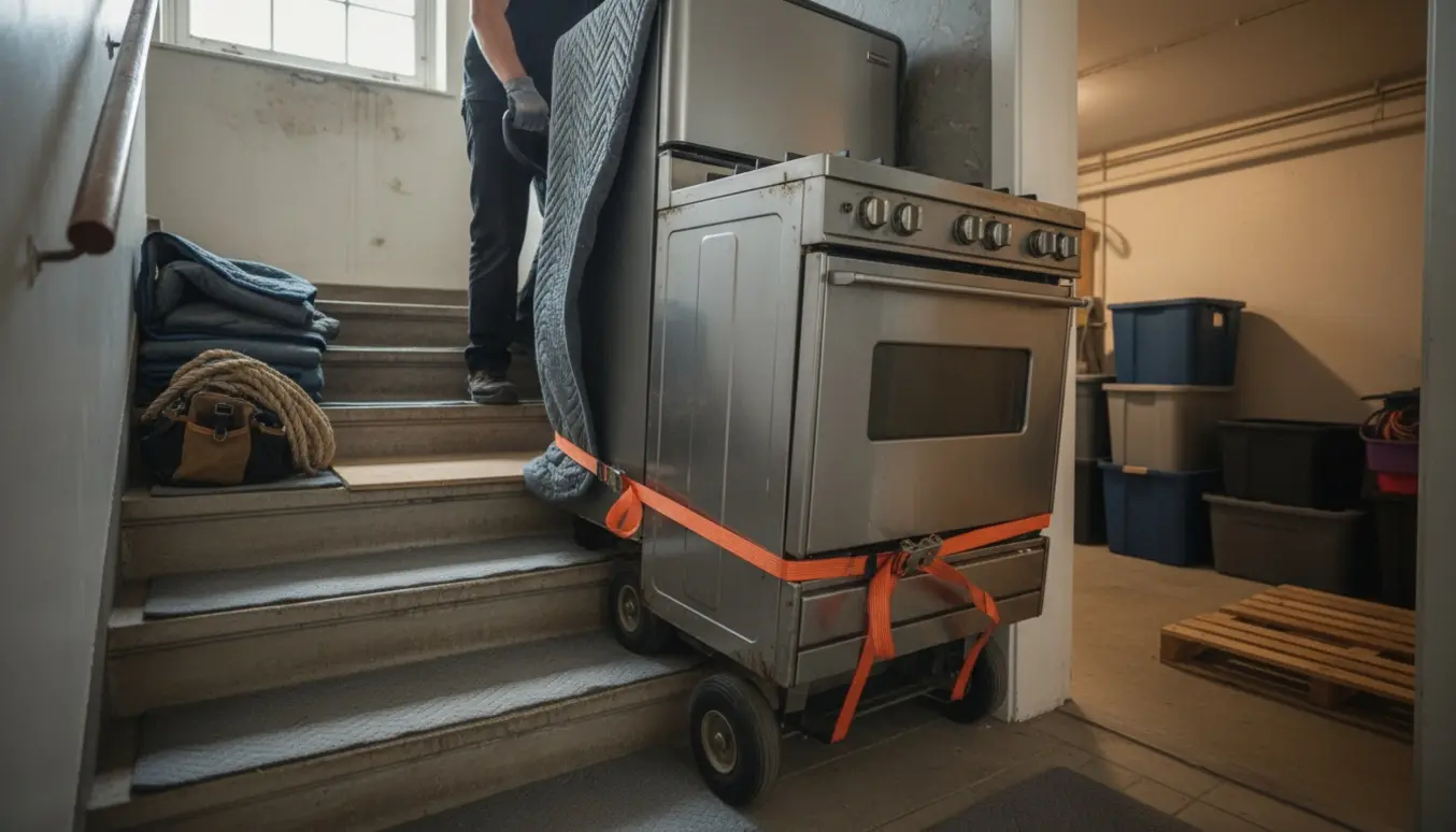 Køleskab og gaskomfur flyttes ned ad trappe i en boligopgang med flytteudstyr og åbent kælderrum i baggrunden.