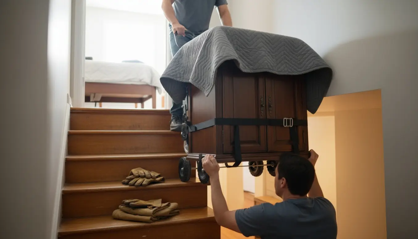 To personer bærer et tungt skab ned ad en trappe mod kælderen med tæpper og transportseler til beskyttelse.