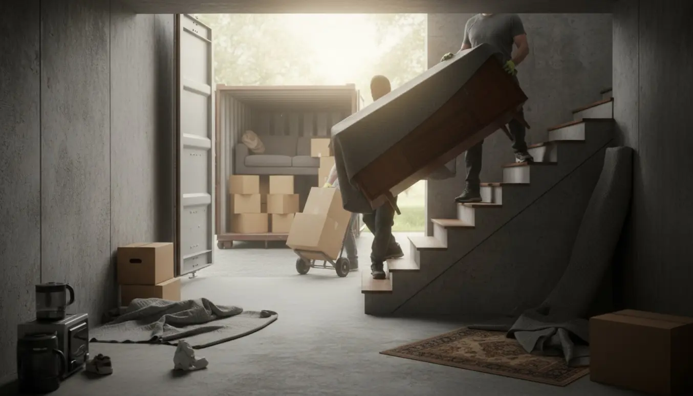 Flyttefolk bærer møbler og kasser op fra en kælder mod en container på grunden.