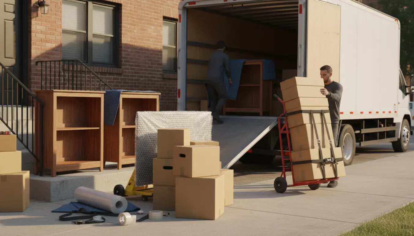 Åben flyttebil med to reoler, to stole, et indpakket TV og en stak flyttekasser ved en opgang.