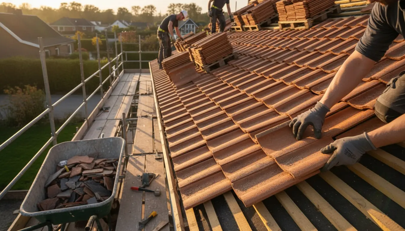Håndværkere lægger nye danske tegl på et skråtag med stabler af nye tegl og en container med gamle tagsten.