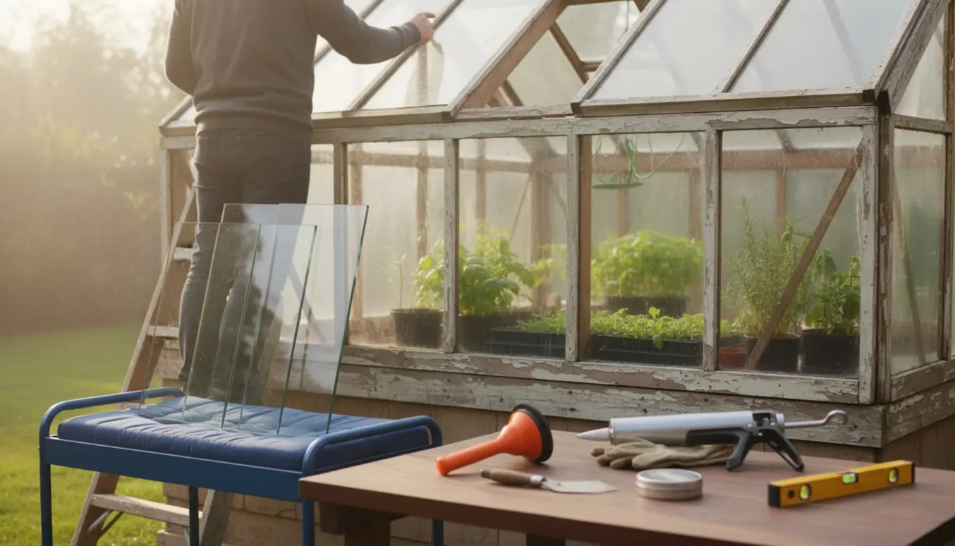 En håndværker på en stige udskifter et tagglas i et drivhus med værktøj og nye glasplader ved siden af.