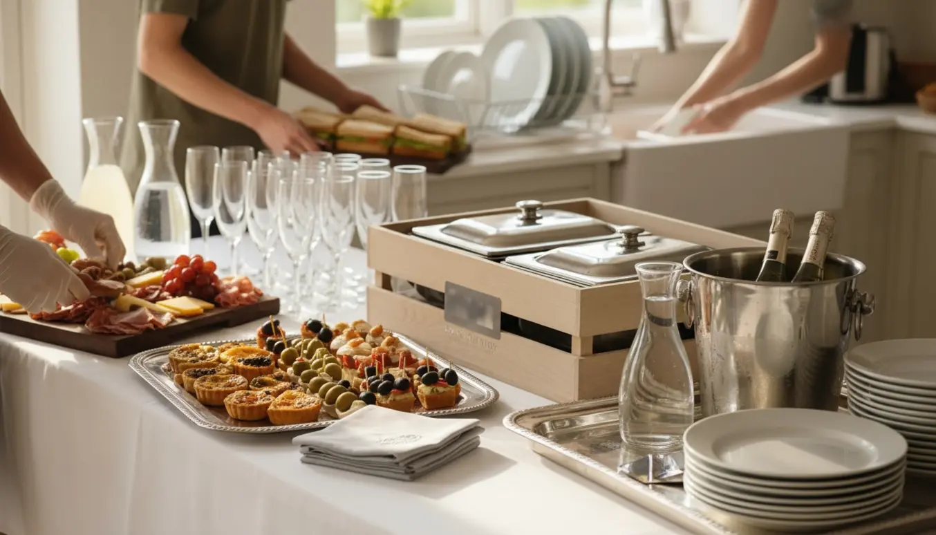 Buffetbord i hjemmet med serveringsfade, drikkeopsætning og hænder, der forbereder opvask og oprydning.