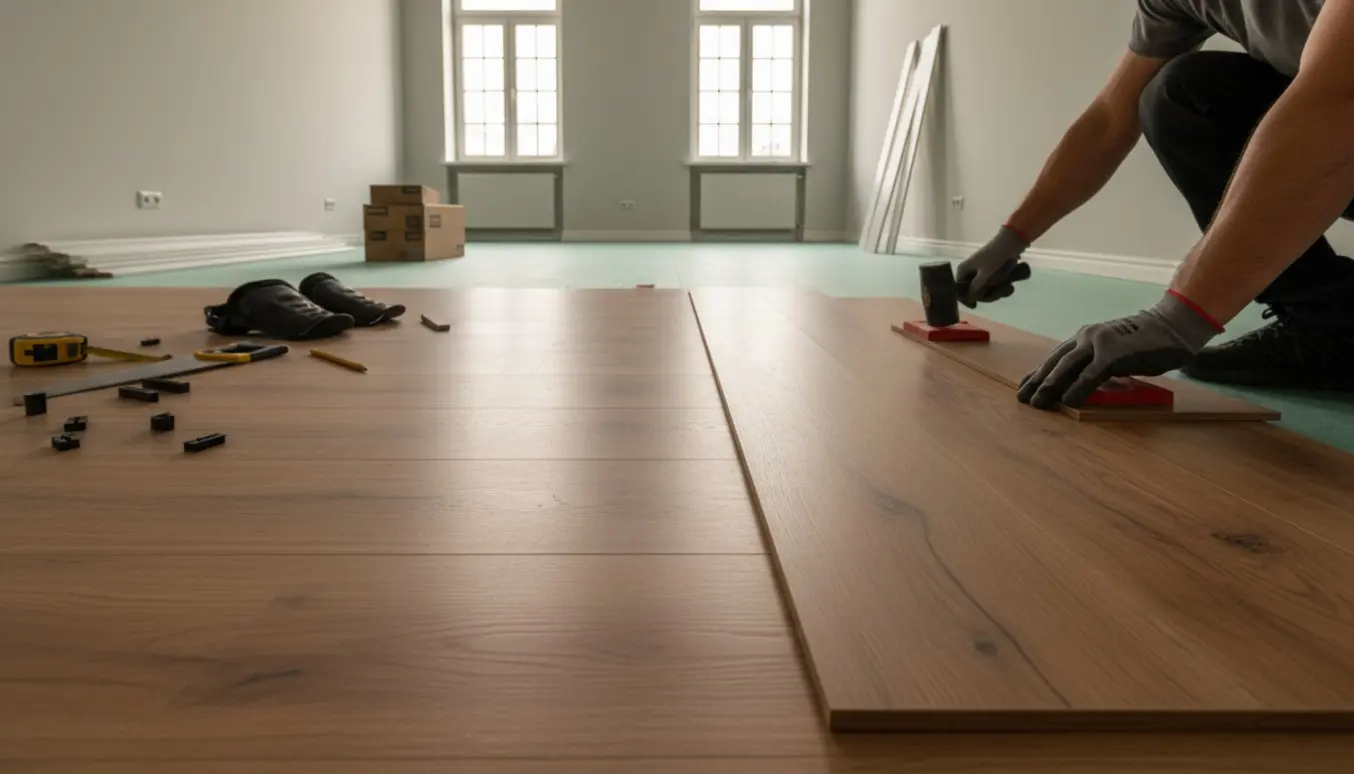 Delvist lagt laminat klikgulv i et tomt 3 x 8 m værelse med værktøj og hænder, der klikker en planke på plads.
