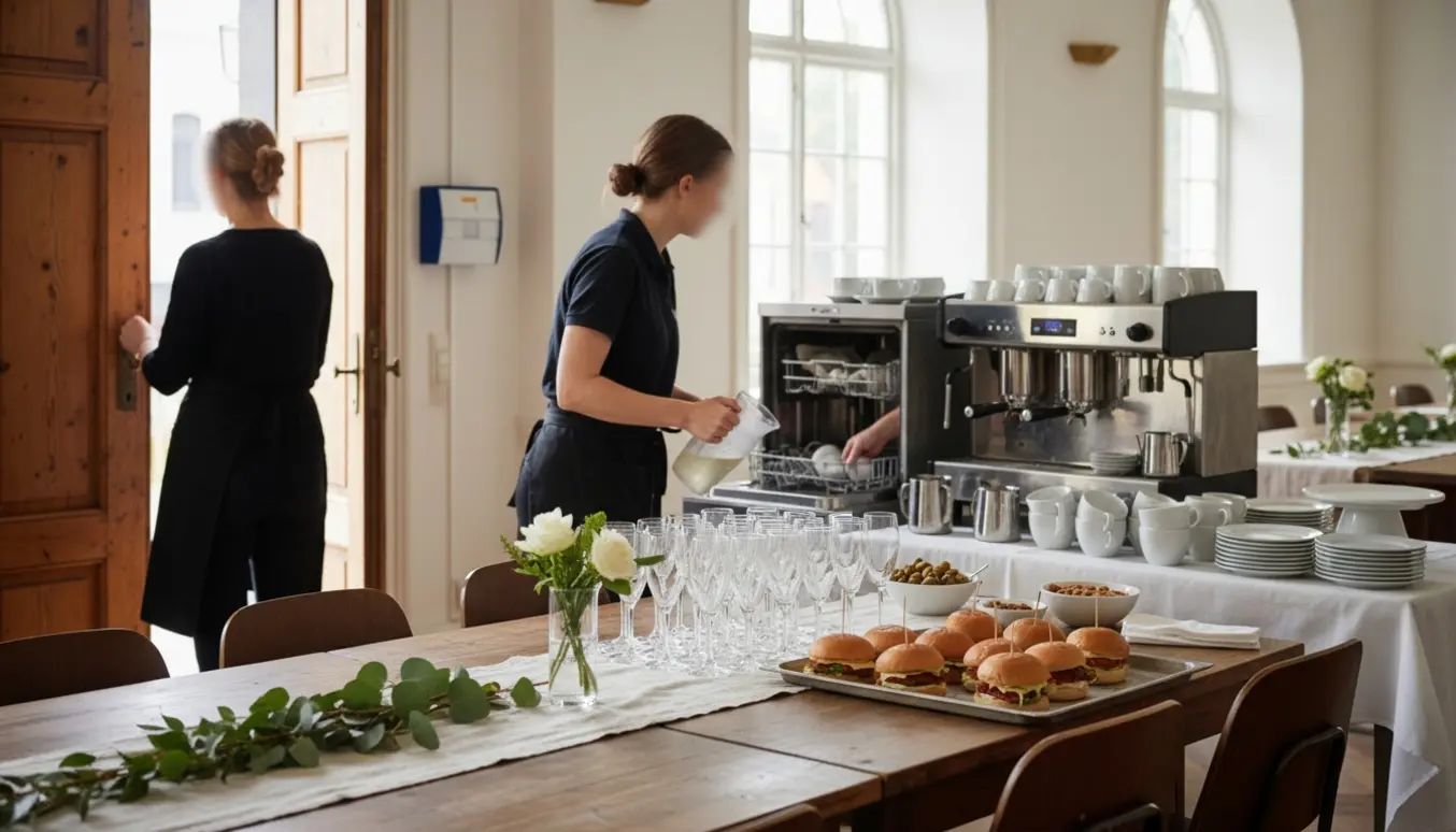 Frivillige dækker op og serverer velkomstdrinks, sliders og kaffe i et lyst forsamlingshus.