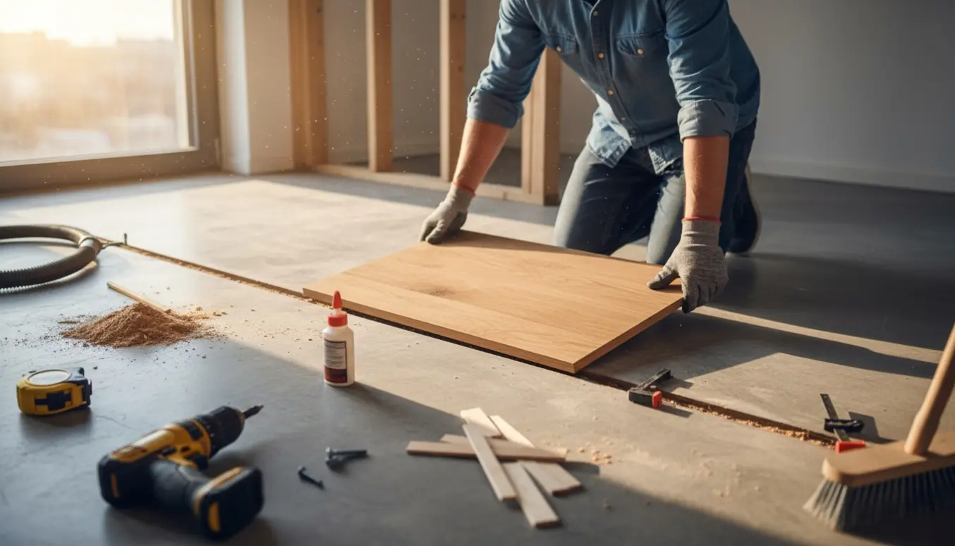Håndværker fører en træplanke ind i en lang smal rille i gulvet efter fjernet væg, omgivet af værktøj.