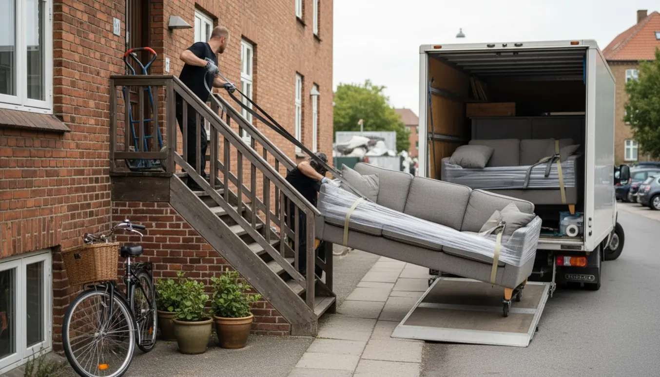 To sofaer bæres ned fra 2. sal og lastes i en varevogn klar til at blive kørt til lossepladsen.