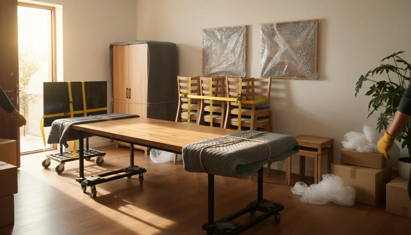 Pakket 300 cm bord, stole, skab, TV og kasser klar til flytning i morgensol.