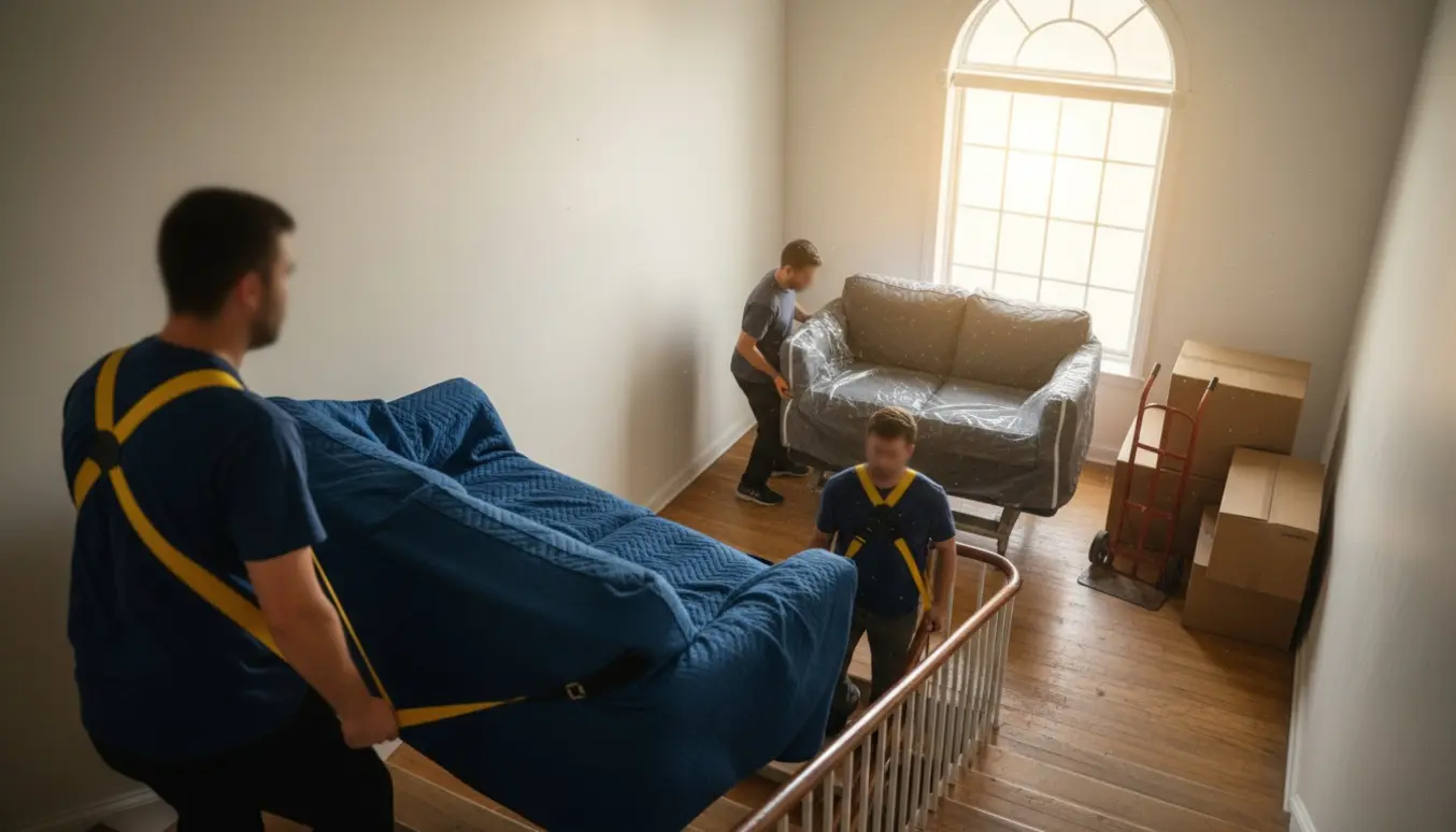 Flyttefolk bærer en trepersoners sofa ned ad trappen, mens en indpakket topersoners sofa føres op ad opgangen.