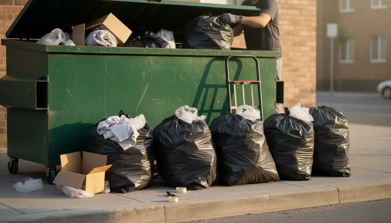 Fem affaldssække med flytterester ved en container, en handske-beklædt person løfter en sæk uden at vise ansigtet.