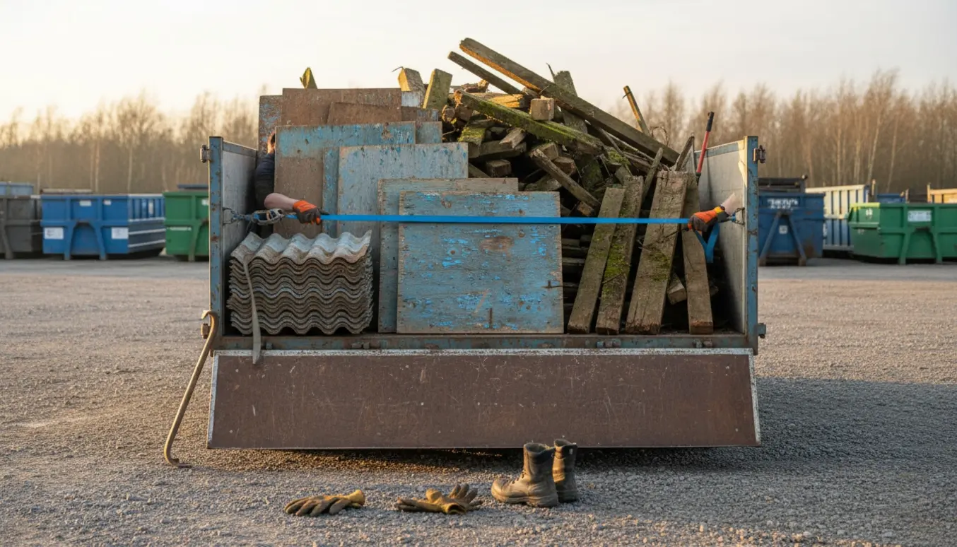 Trailer lastet med rådne træstykker og tagplader ved en affaldsplads i varmt eftermiddagslys.