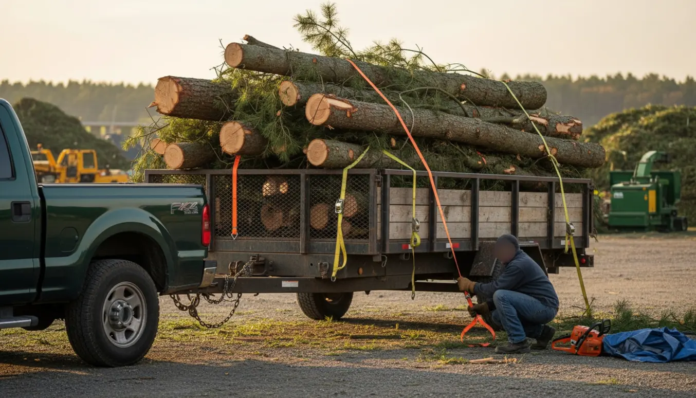 Trailer fyldt med nysavede træer sikret med stropper ved et genbrugsafleveringsområde.
