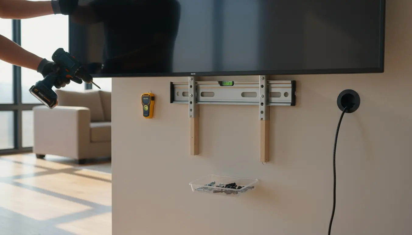 To personer hænger et fladt TV op på væggen i en moderne stue, kun hænder og værktøj er synlige.
