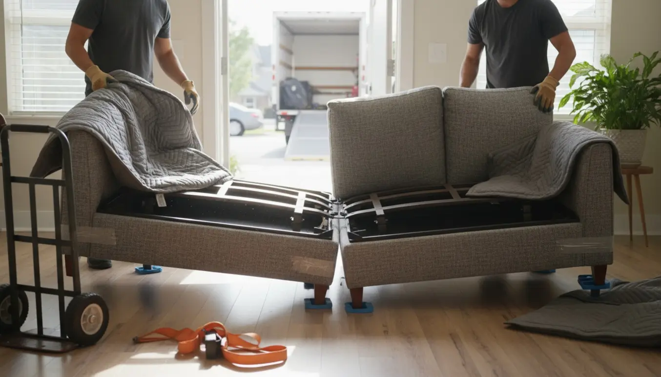 To flyttemænd bærer en sofa delt i to gennem en lys lejlighedsdør.