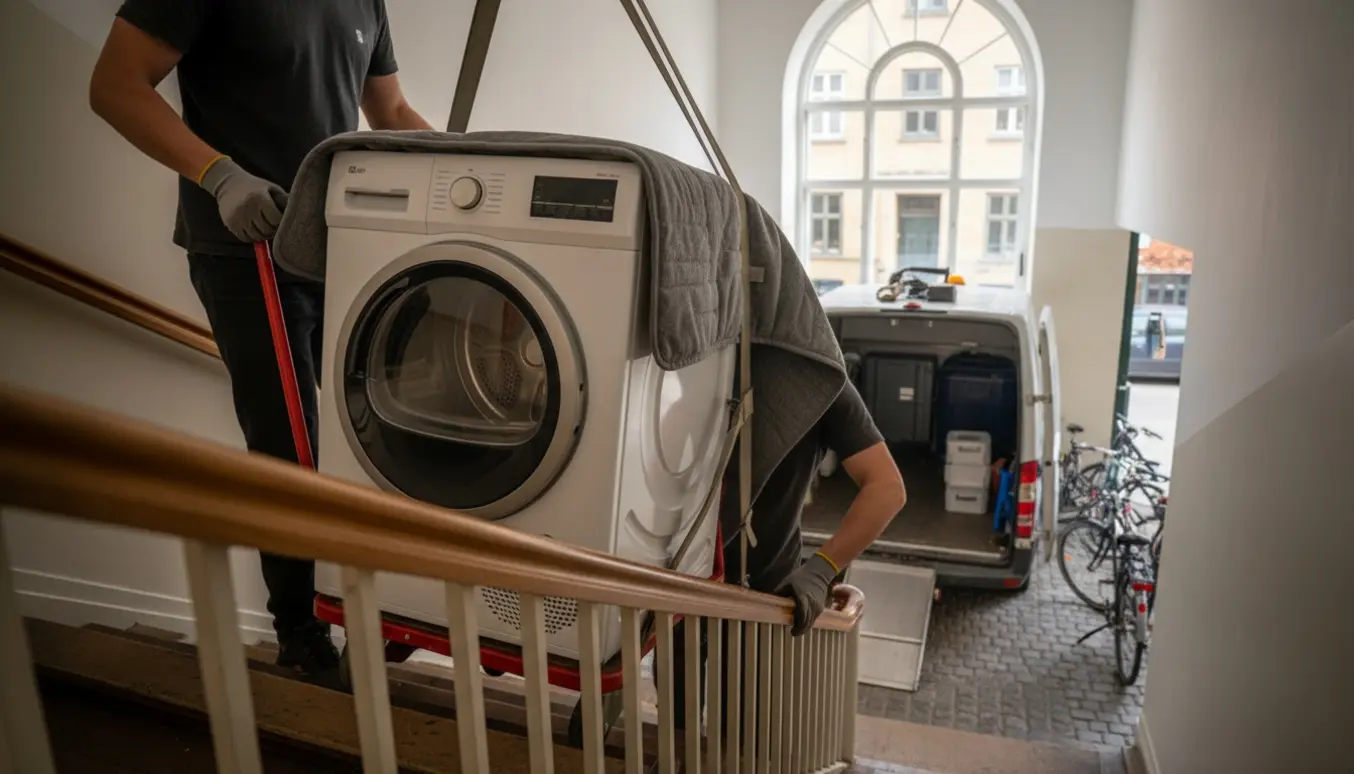 Tørretumbler bæres ned ad trappe i København mod en ventende flyttebil.