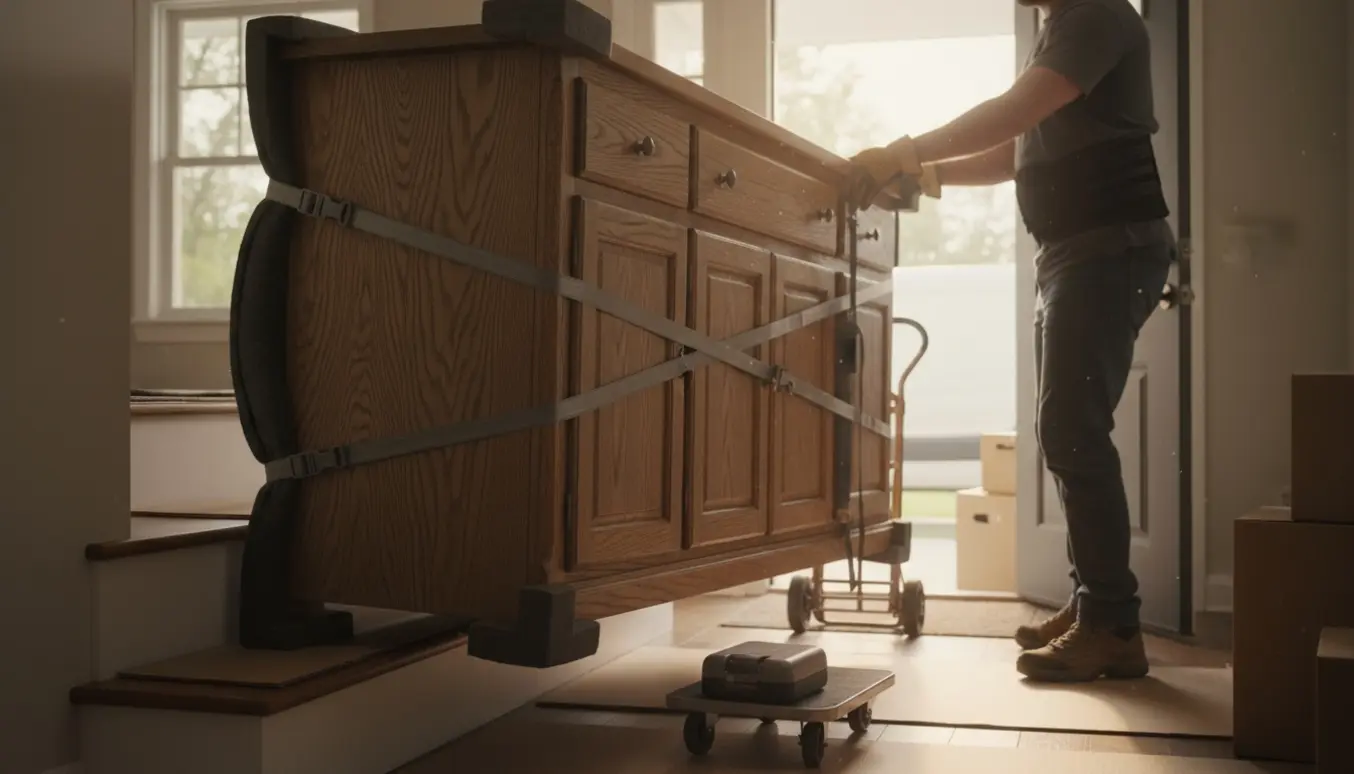 En person bærer en tung egetræsskænk ned ad en fire-trins trappe med flytteudstyr og beskyttelse på skænken.