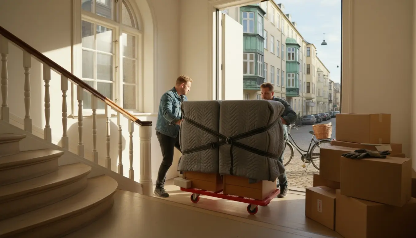 To små skabe pakket ind og læsset ind i en flyttevogn foran en lejlighed på Østerbro.