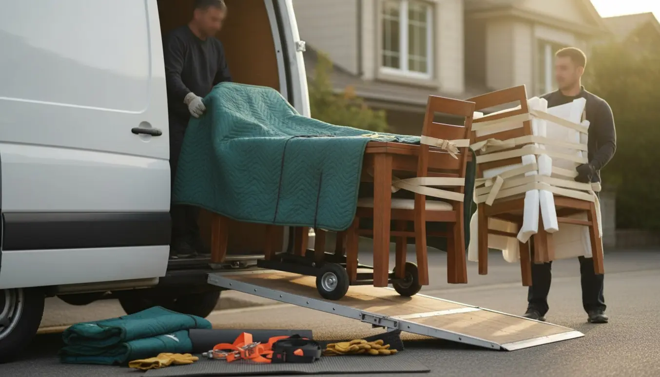 Et spisebord og fire stole læsses ind i en flyttevogn i blødt eftermiddaglys.