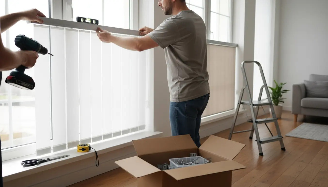 Tæt foto af hænder, der monterer lameller og et rullegardin ved to høje vinduer i et lyst rum.