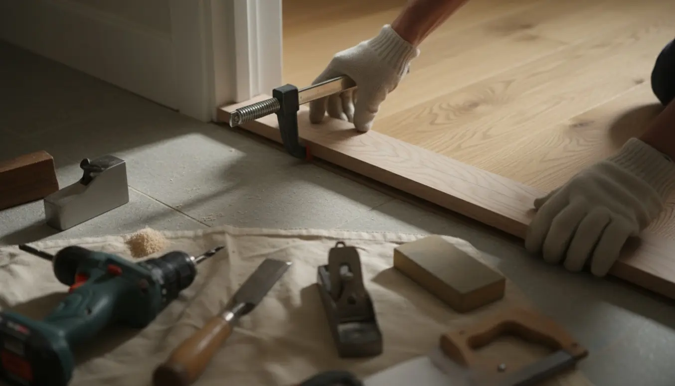 Nærbillede af montering af et tilpasset ask- eller bøgebundstykke i en døråbning, kun hænder synlige.