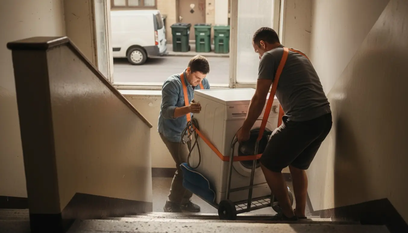 To personer bærer en vaskemaskine ned ad en trappe med sækkevogn mod et genbrugsområde.
