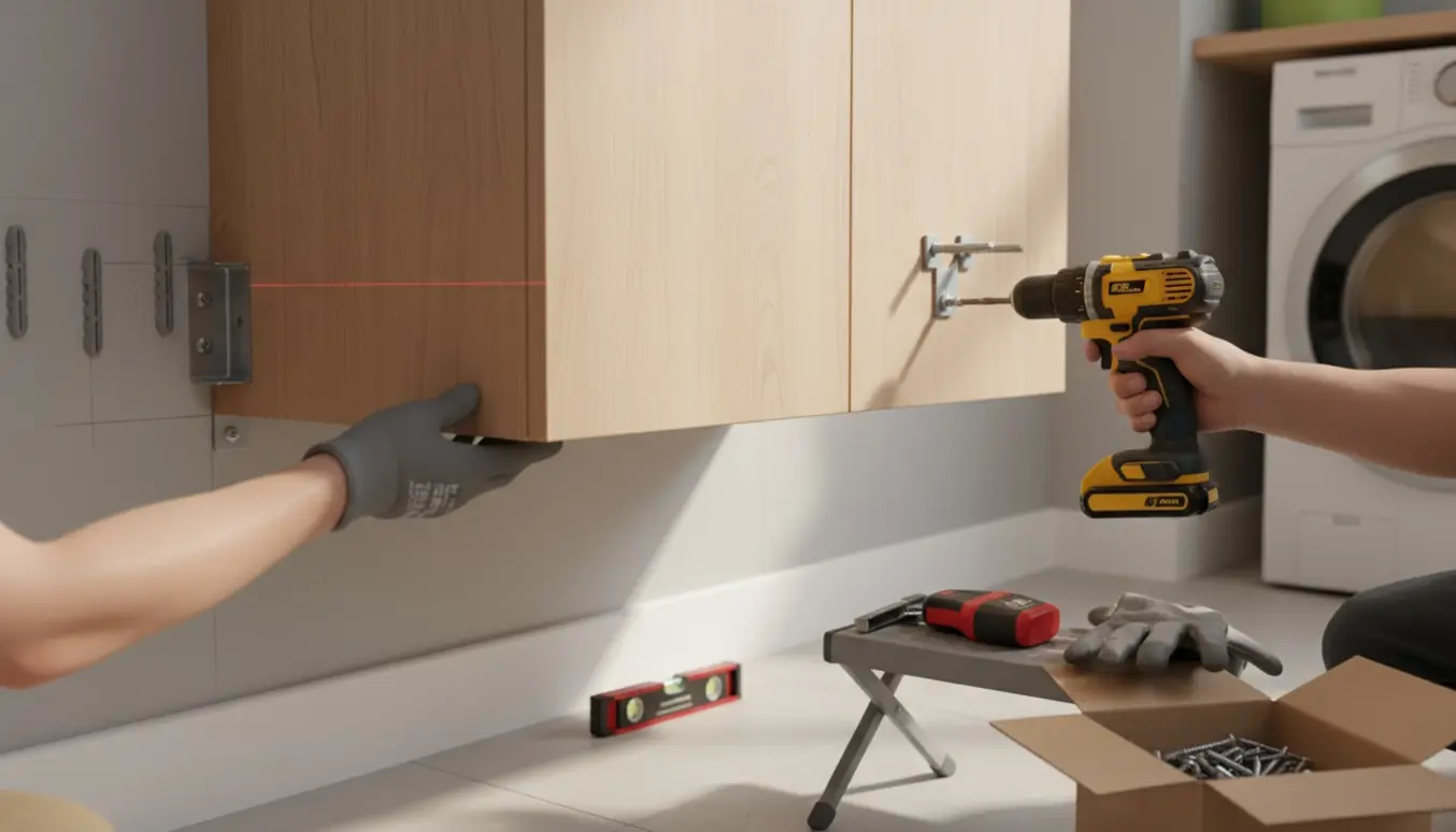 To par hænder monterer et halvtungt vasketøjsmøbel over fodlisten med boremaskine og monteringsværktøj.