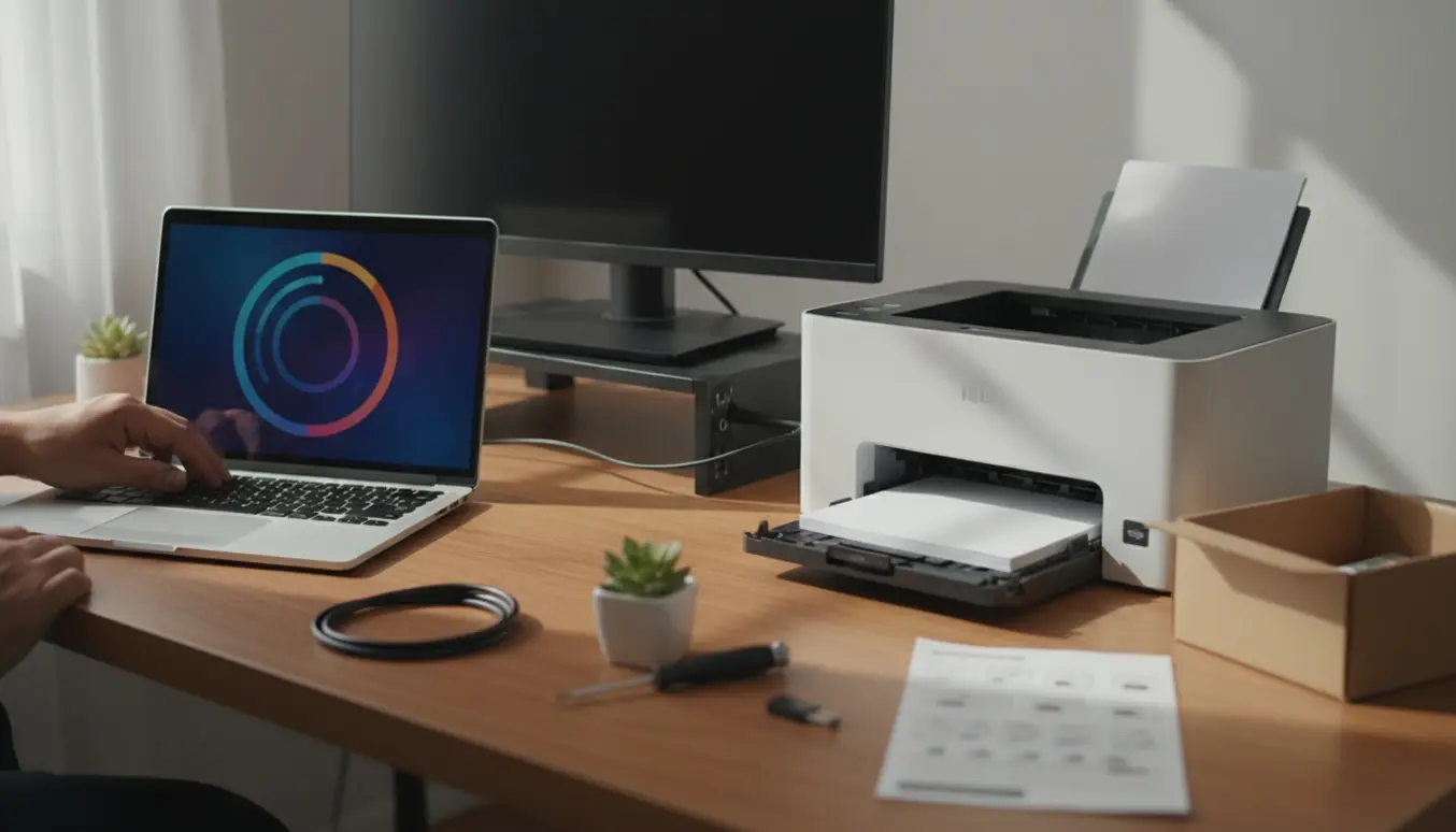 Hænder installerer antivirus på den ene af to computere, mens en kompakt printer sættes op på et ryddeligt hjemmekontor.