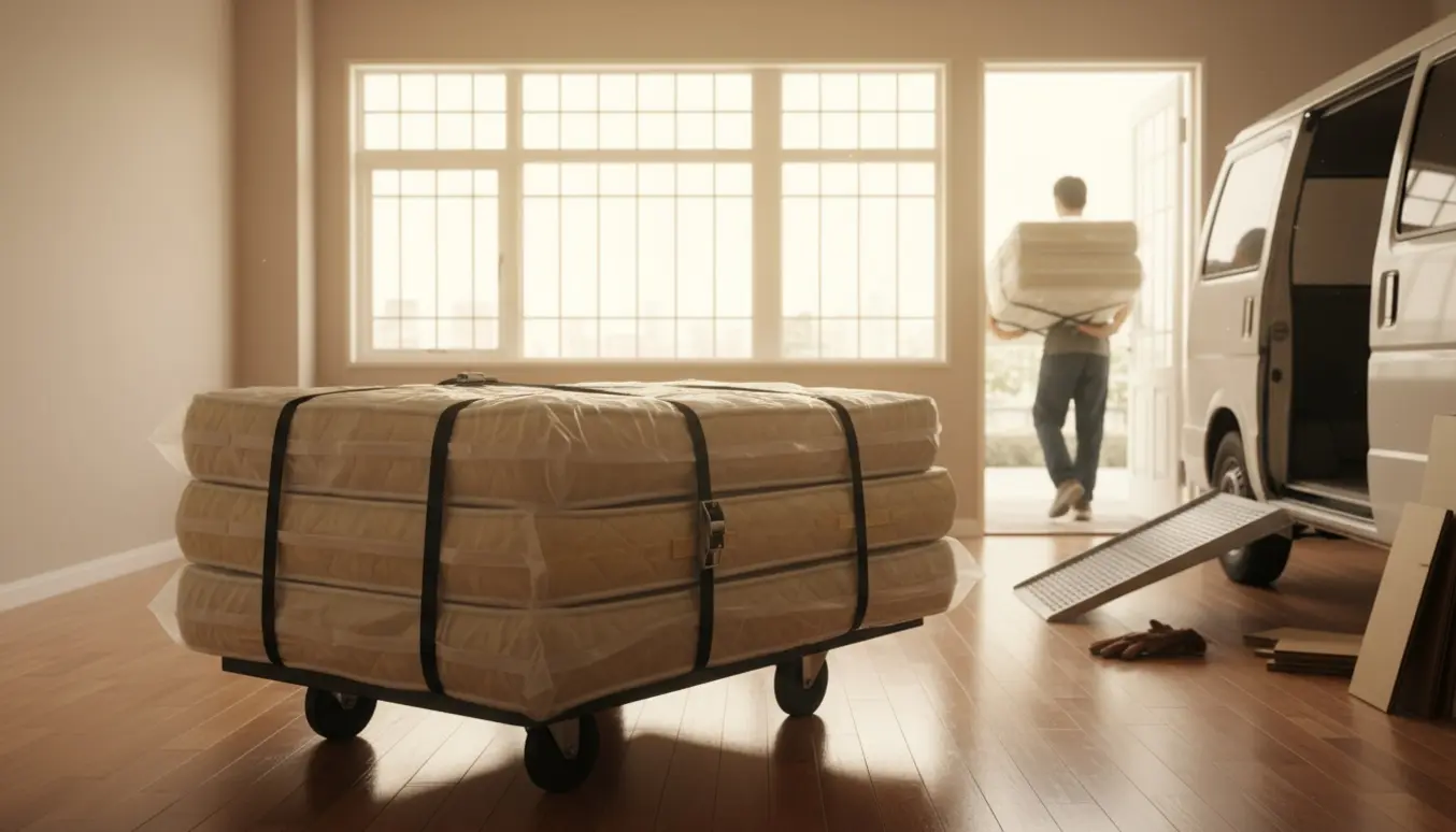 Stak af gamle madrasser på en dolly og en åben flyttevogn foran et tomt 25 m² værelse klar til bortkørsel.