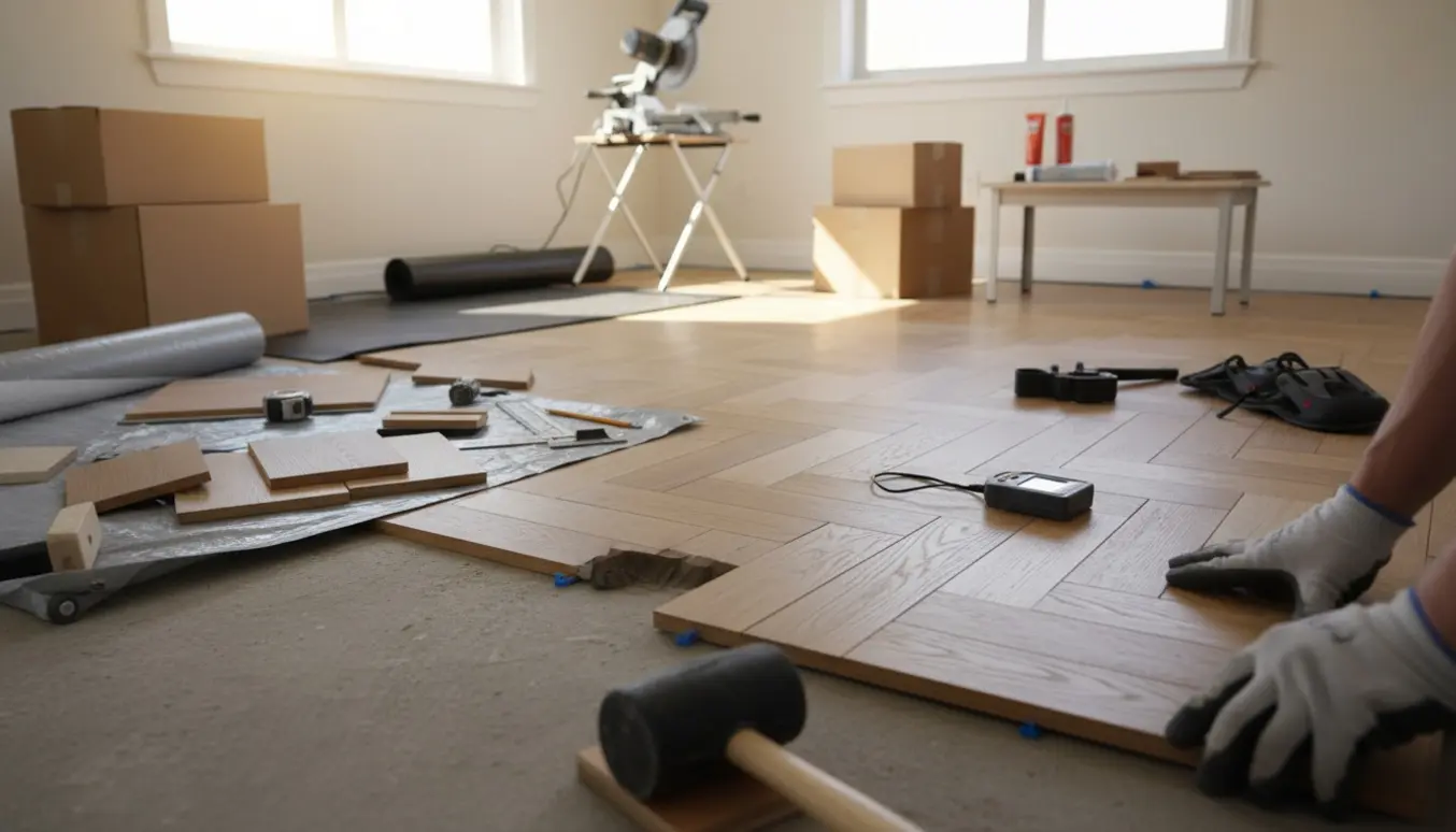 Professionel parketgulvinstallation i en lille stue med synligt betonunderlag og værktøj.