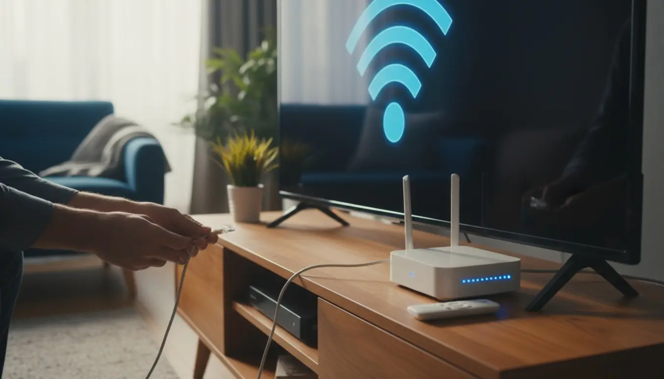 Hænder forbinder et nyt TV til internettet med et Ethernet-kabel ved en router.