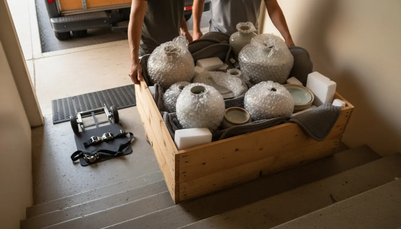 To mænd bærer en trækasse med indpakkede keramikstykker ned ad en kældertrappe fra en åben varevogn.