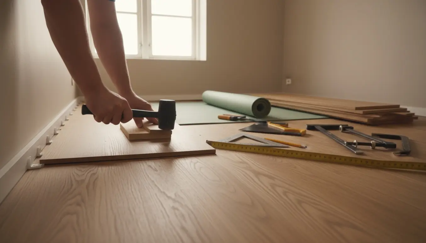 Nyt trægulv lægges i et lille kvadratisk rum med værktøj og genbrugte fodlister.