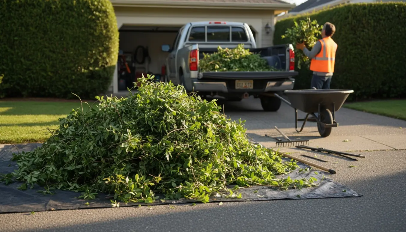 Stor bunke hæk- og buskafklip i indkørsel ved en trailer, klar til bortskaffelse.