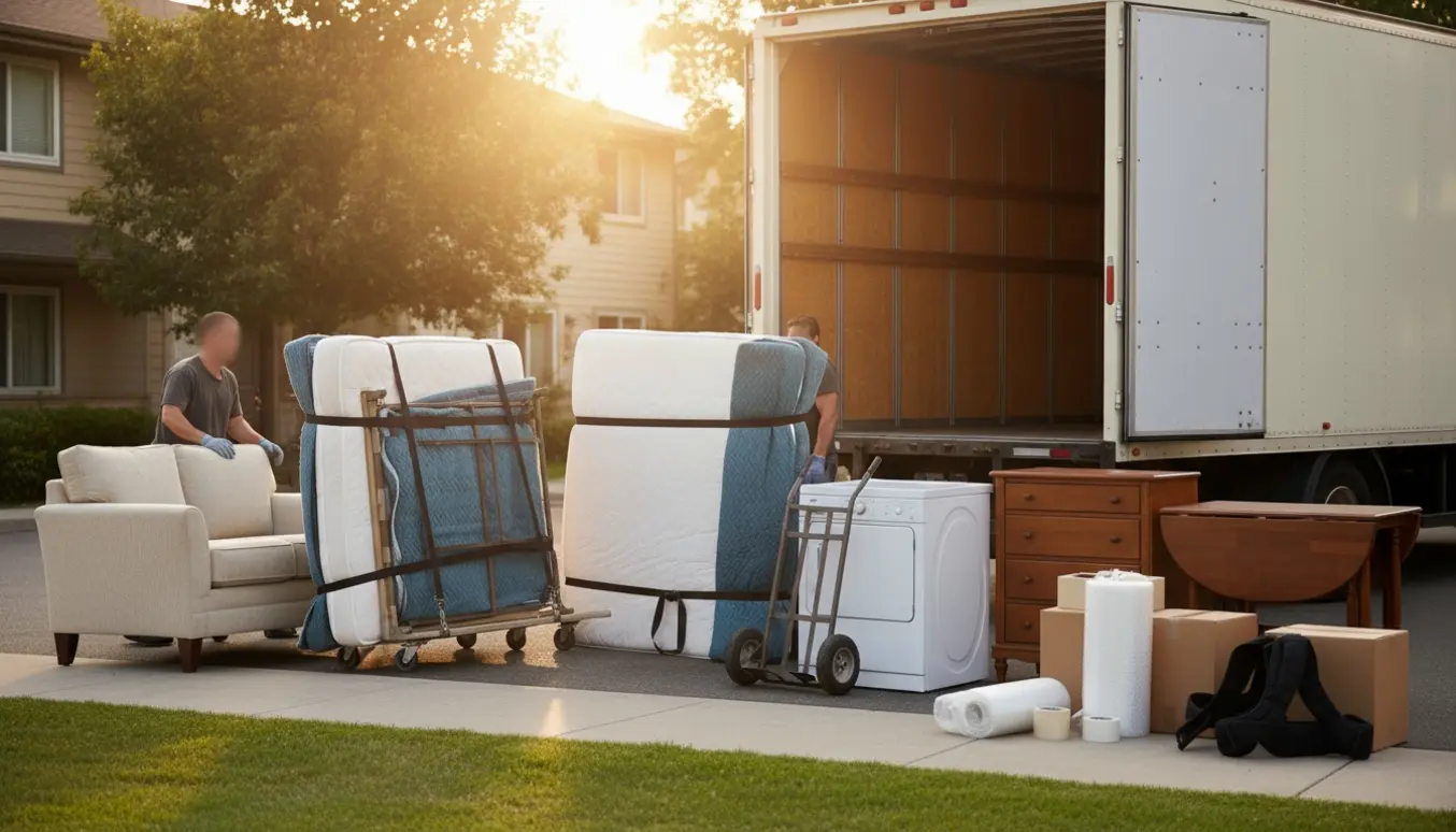 Flyttefolk læsser sofa, dobbeltseng, tørretumbler, kommode og spisebord ind i en flyttebil i varmt dagslys.