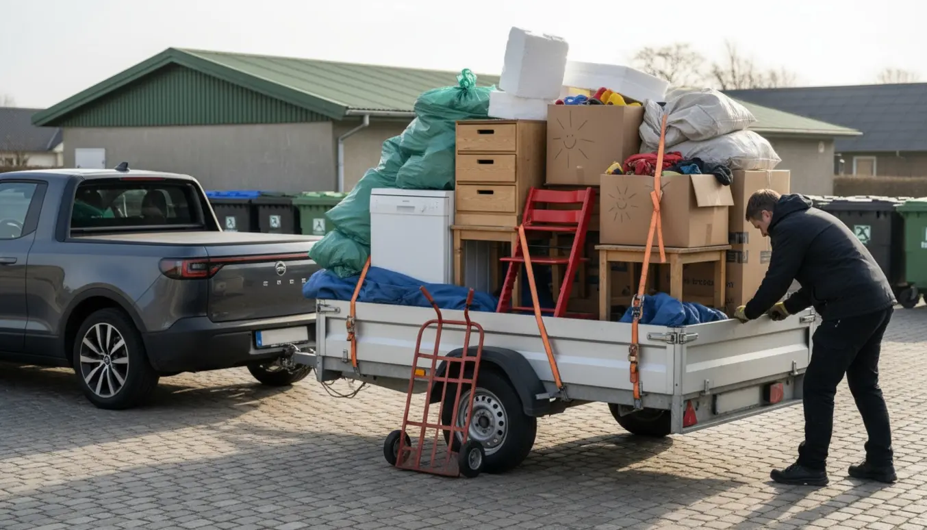 Pick-up og trailer fyldt med haveaffald, gamle møbler og kasser klar til aflevering på genbrugspladsen.