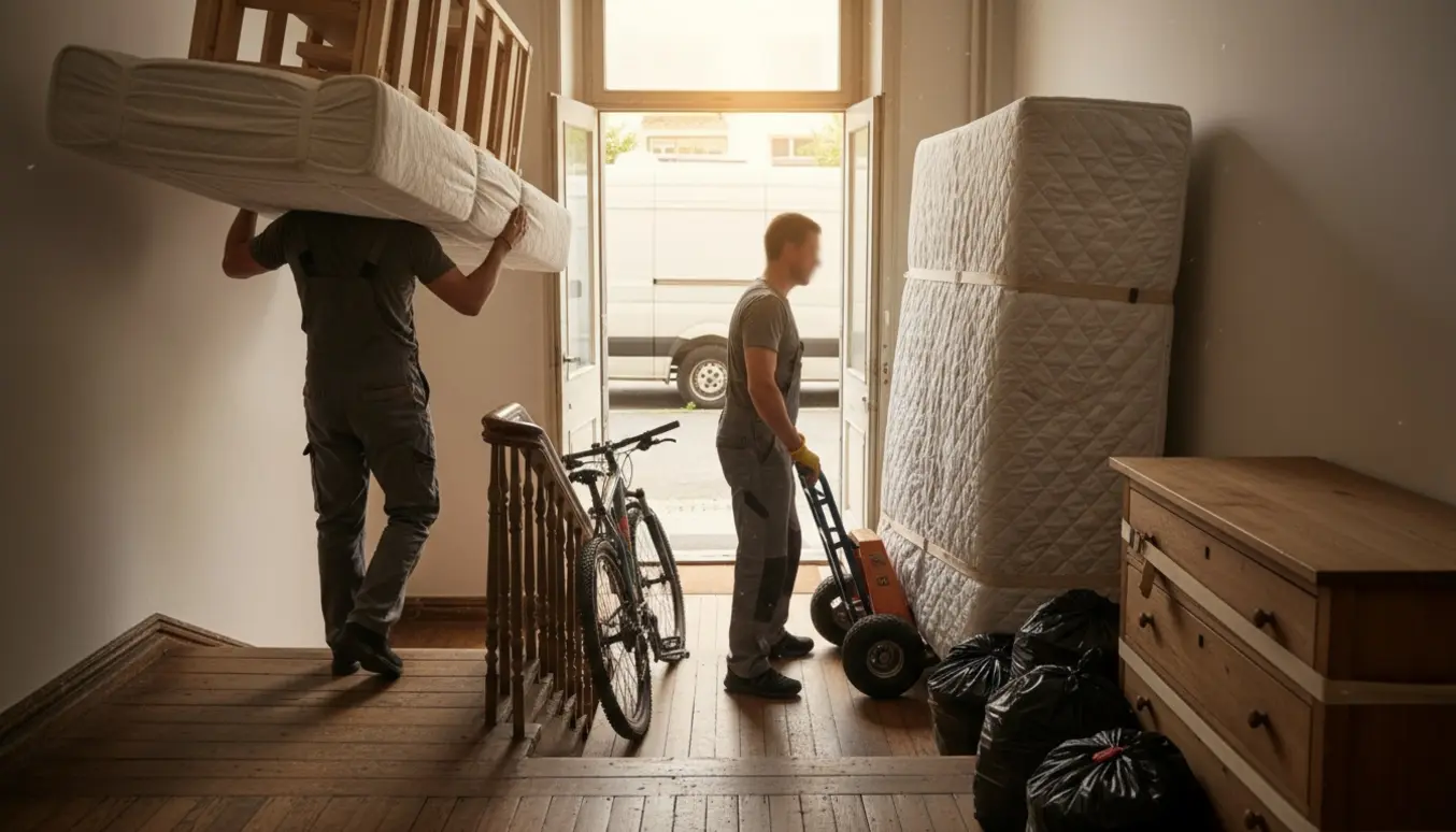 To flyttemænd bærer seng og møbler ned ad en trappe mod en åben varevogn, med cykel og sorte sække i baggrunden.