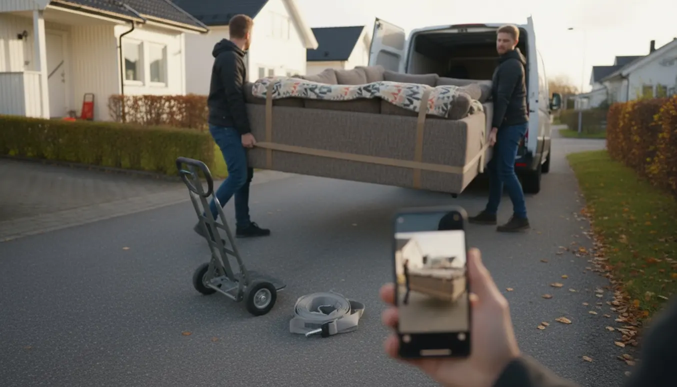 Tre personer bærer en stor L-formet sofa fra en indkørsel mod en parkeret varebil, ansigter ikke synlige.