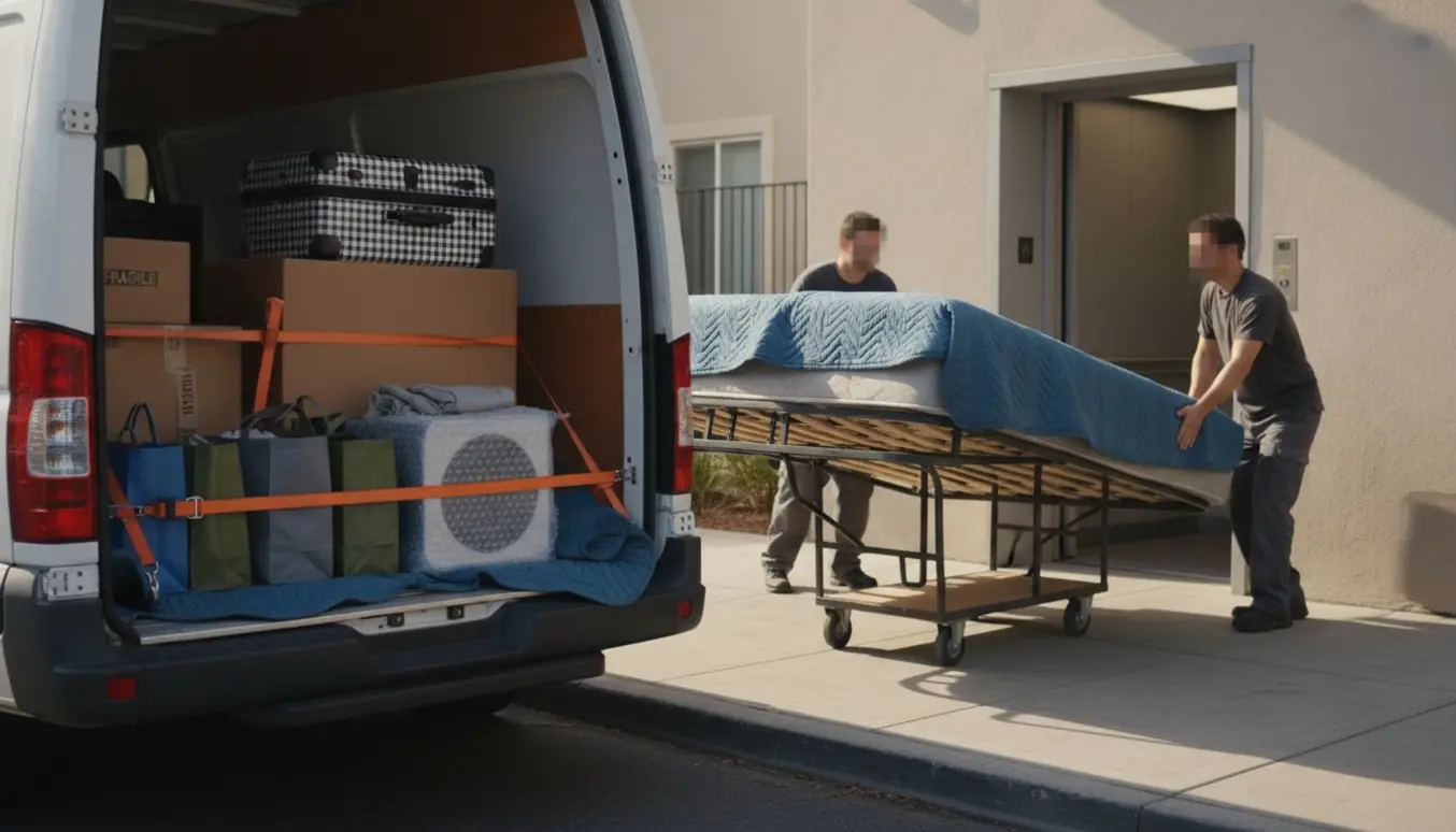 Adskilt dobbeltseng og pakkede ejendele ved elevator og varevogn, klar til flytning.