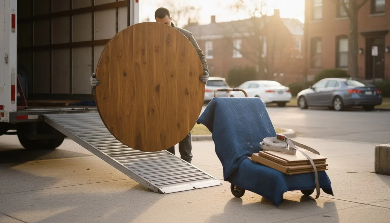Rundt træspisebord med aftagelig bordplade løftes til varebil på fortovet klar til afhentning.