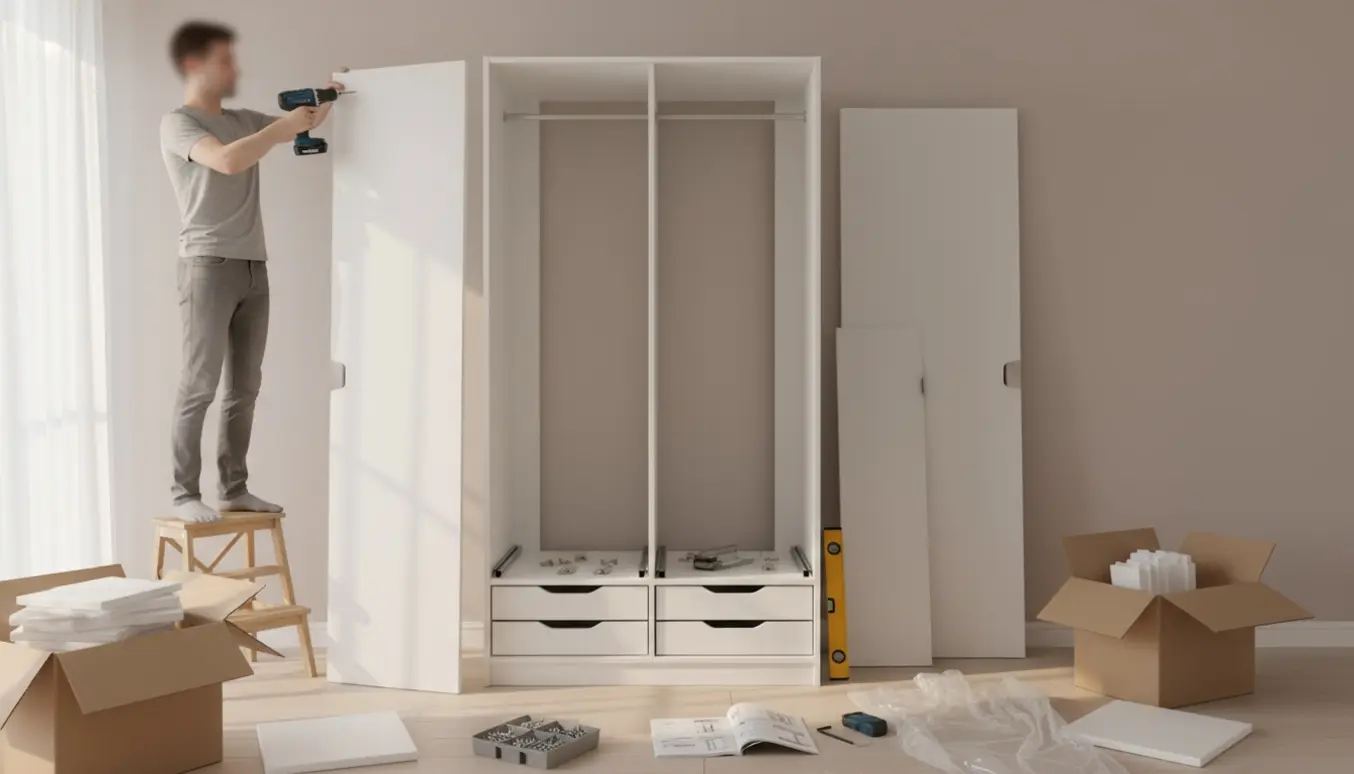 Opstilling af et højt klædeskab i et lyst rum med udpaknede dele og værktøj klar til samling.