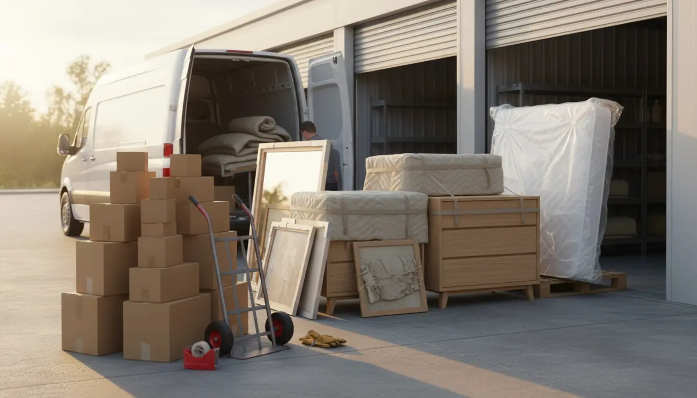 Flytteopstilling med stakkede flyttekasser, indpakkede kommoder, spejle og en madras foran et depotrum.